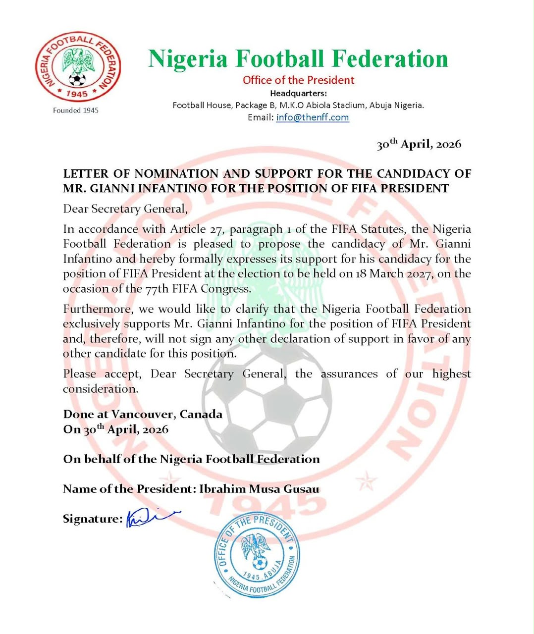 NFF Backs Gianni Infantino for Another Term as FIFA President